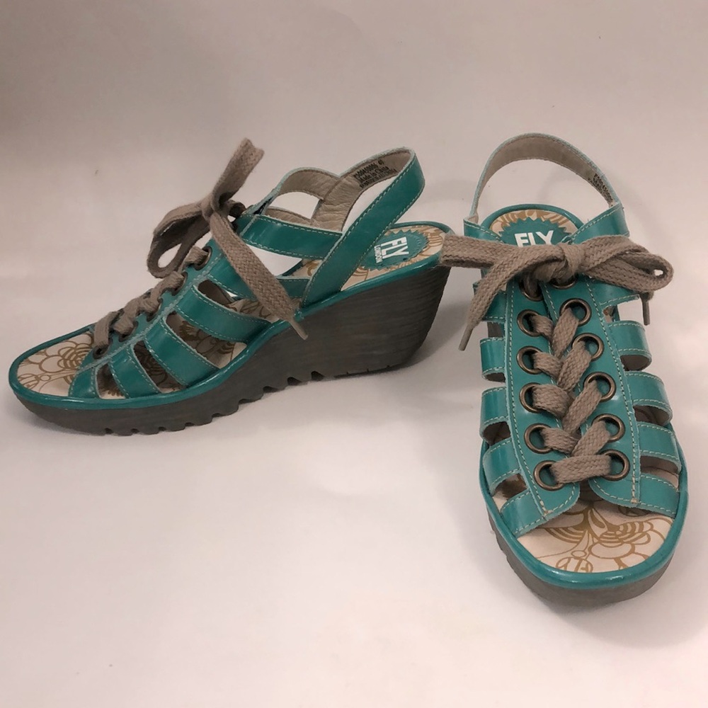 Fly London 40 (9-9.5USA) Sandal Yito Blue Teal Lace Up Wedge Excellent Condition